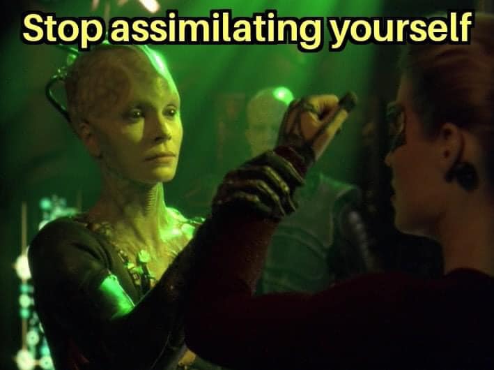 This meme is a reference to the Star Trek: The Next Generation episode "The Most Humans" (Season 7, Episode 8), where the android Data is struggling to understand human emotions. The meme features a screenshot of Data from the episode, with the text "Stop assimilating" (a play on words referencing the Borg's ability to assimilate other beings) and "In 2-3 sentences, describe this meme for someone who cannot see it" above it. The image is likely a humorous take on the idea of assimilation, implying that someone is being "assimilated" into something, but the actual meaning is unclear without the image.